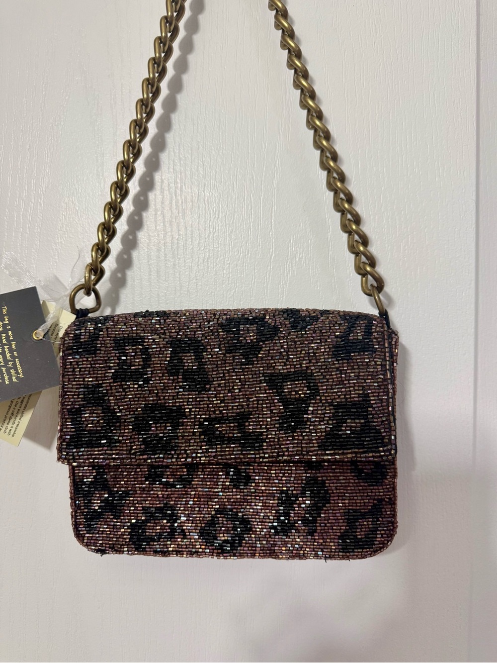 Sequined Leopard Print Shoulder Bag in Brown